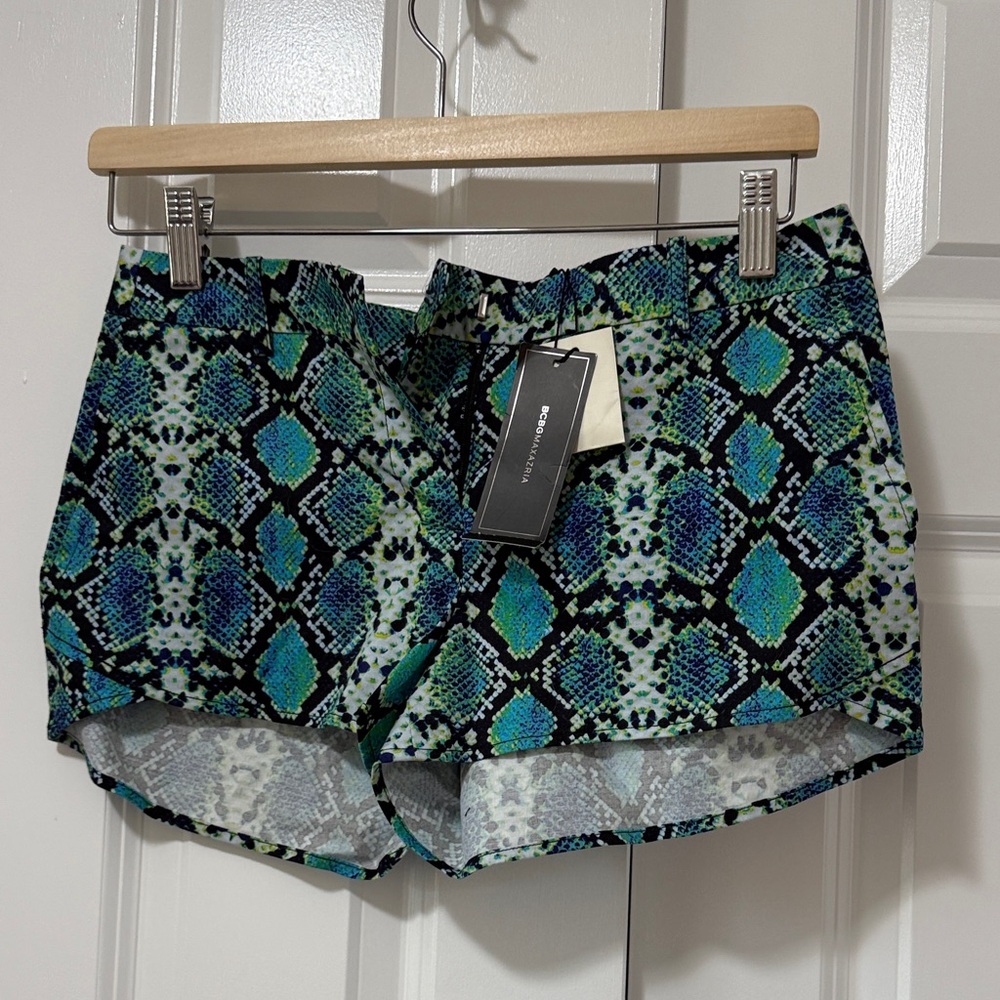 BCBGMaxAzria High Waist Snake Print Shorts in Blue and Green “Phillipa”